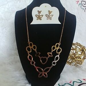 Rose Gold Stainless Steel Butterfly Necklace Earrings Set